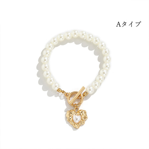 ブレスレット 上品 韓国風 ボリューム感 チェーン ハートモチーフ レディース 三日月 フェイクパール ファッション小物 オシャレ アクセサリー 3タイプ 89XUER-006