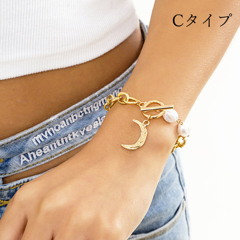 ブレスレット 上品 韓国風 ボリューム感 チェーン ハートモチーフ レディース 三日月 フェイクパール ファッション小物 オシャレ アクセサリー 3タイプ 89XUER-006