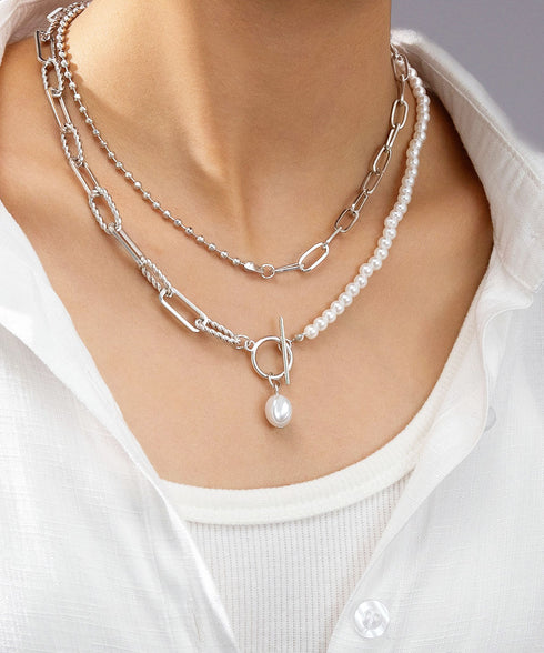 フェイクパールネックレス チョーカー韓流 太めチェーンネックレス プチプラ ストリートアクセサリー 首飾り ゴールド パーティー ロングお洒落 重ね付け 2WAY 89XUER-014