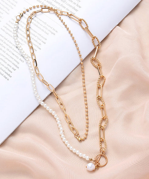 フェイクパールネックレス チョーカー韓流 太めチェーンネックレス プチプラ ストリートアクセサリー 首飾り ゴールド パーティー ロングお洒落 重ね付け 2WAY 89XUER-014