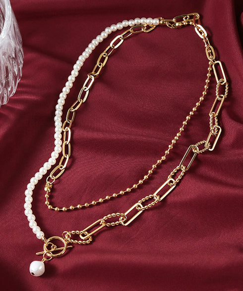 フェイクパールネックレス チョーカー韓流 太めチェーンネックレス プチプラ ストリートアクセサリー 首飾り ゴールド パーティー ロングお洒落 重ね付け 2WAY 89XUER-014