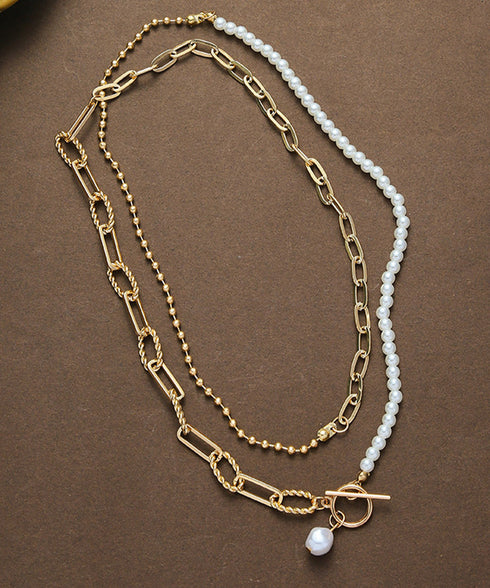 フェイクパールネックレス チョーカー韓流 太めチェーンネックレス プチプラ ストリートアクセサリー 首飾り ゴールド パーティー ロングお洒落 重ね付け 2WAY 89XUER-014