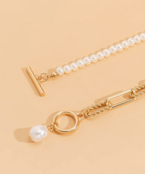 フェイクパールネックレス チョーカー韓流 太めチェーンネックレス プチプラ ストリートアクセサリー 首飾り ゴールド パーティー ロングお洒落 重ね付け 2WAY 89XUER-014