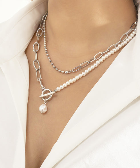 フェイクパールネックレス チョーカー韓流 太めチェーンネックレス プチプラ ストリートアクセサリー 首飾り ゴールド パーティー ロングお洒落 重ね付け 2WAY 89XUER-014