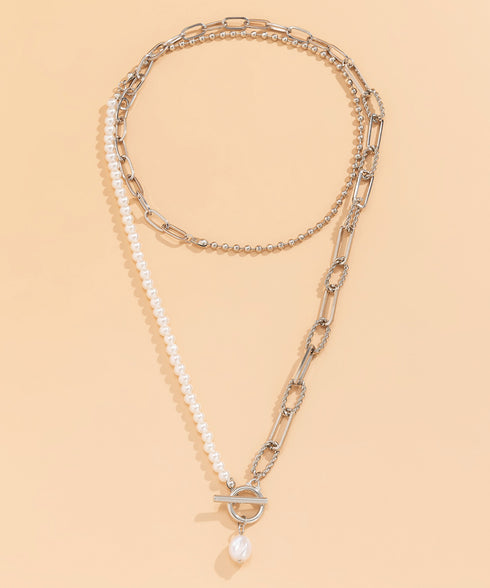 フェイクパールネックレス チョーカー韓流 太めチェーンネックレス プチプラ ストリートアクセサリー 首飾り ゴールド パーティー ロングお洒落 重ね付け 2WAY 89XUER-014