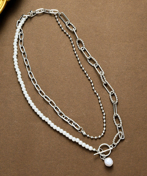 フェイクパールネックレス チョーカー韓流 太めチェーンネックレス プチプラ ストリートアクセサリー 首飾り ゴールド パーティー ロングお洒落 重ね付け 2WAY 89XUER-014