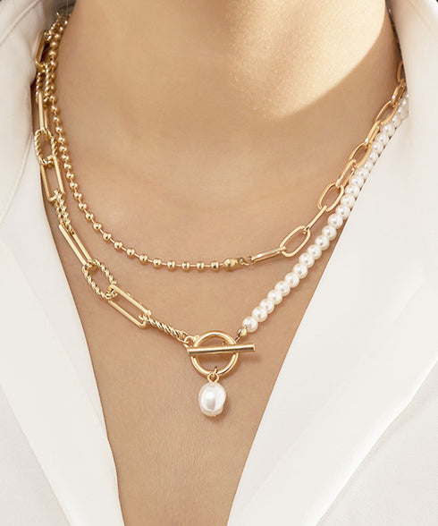 フェイクパールネックレス チョーカー韓流 太めチェーンネックレス プチプラ ストリートアクセサリー 首飾り ゴールド パーティー ロングお洒落 重ね付け 2WAY 89XUER-014