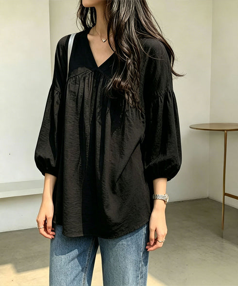 Vネックシャツブラウス 七分袖 ゆったり ボリュームスリーブトップス 体型カバー ギャザーブラウス レディース 大人カジュアル 軽やか オフィスカジュアル 無地 89XXROU-001