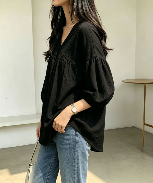 Vネックシャツブラウス 七分袖 ゆったり ボリュームスリーブトップス 体型カバー ギャザーブラウス レディース 大人カジュアル 軽やか オフィスカジュアル 無地 89XXROU-001