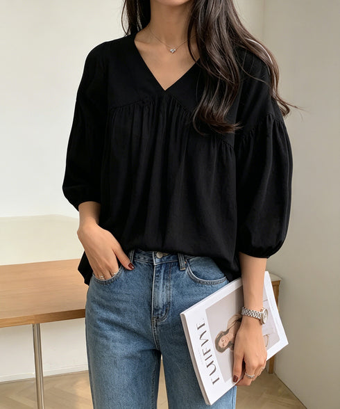 Vネックシャツブラウス 七分袖 ゆったり ボリュームスリーブトップス 体型カバー ギャザーブラウス レディース 大人カジュアル 軽やか オフィスカジュアル 無地 89XXROU-001