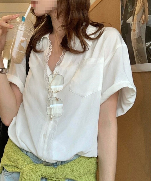 シャツブラウス 襟付き 半袖 レディース 大人かわいい トップス オフィスカジュアル Vネックシャツ 体型カバー 春秋夏服 着やせ ゆったりブラウス 無地 韓国風 89YIYI-001