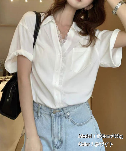 シャツブラウス 襟付き 半袖 レディース 大人かわいい トップス オフィスカジュアル Vネックシャツ 体型カバー 春秋夏服 着やせ ゆったりブラウス 無地 韓国風 89YIYI-001
