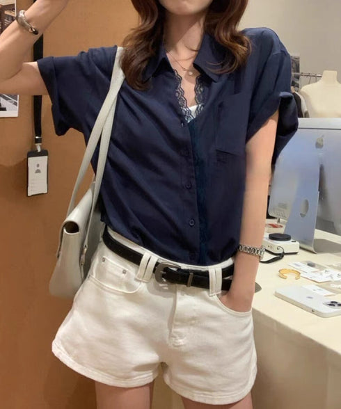 シャツブラウス 襟付き 半袖 レディース 大人かわいい トップス オフィスカジュアル Vネックシャツ 体型カバー 春秋夏服 着やせ ゆったりブラウス 無地 韓国風 89YIYI-001
