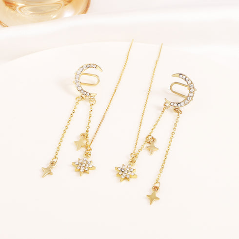 イヤーカフ付きピアス キラキラ 三日月 ロングピアス レディース 揺れるピアス 両耳用 韓国風アクセサリー チェーンピアス プチプラ イヤークリップ 星モチーフ 89YIYUAN-001