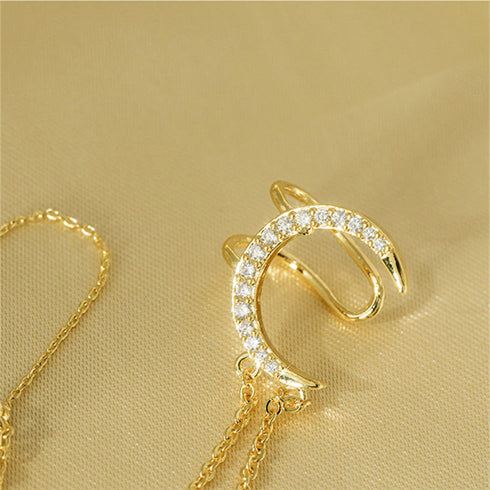 イヤーカフ付きピアス キラキラ 三日月 ロングピアス レディース 揺れるピアス 両耳用 韓国風アクセサリー チェーンピアス プチプラ イヤークリップ 星モチーフ 89YIYUAN-001