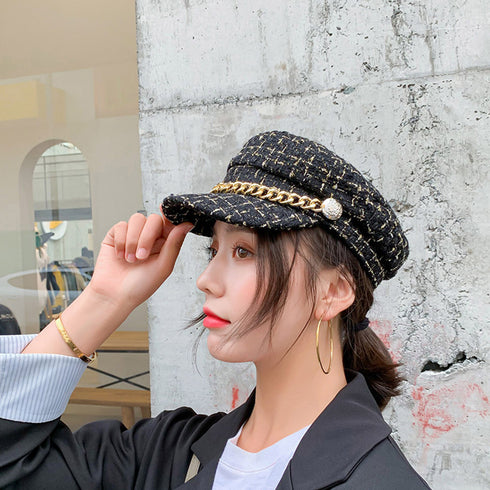 帽子 レディース キャスケット 帽子 レディース キャスケット チェック柄 おしゃれ?可愛い マリンキャップ 大人 飾りボタン 89YUEXIU-001