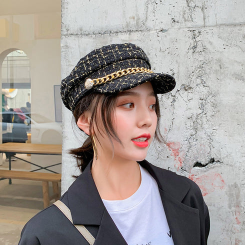 帽子 レディース キャスケット 帽子 レディース キャスケット チェック柄 おしゃれ?可愛い マリンキャップ 大人 飾りボタン 89YUEXIU-001