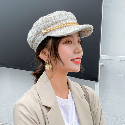 帽子 レディース キャスケット 帽子 レディース キャスケット チェック柄 おしゃれ?可愛い マリンキャップ 大人 飾りボタン 89YUEXIU-001