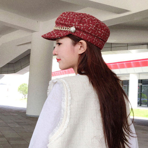 帽子 レディース キャスケット 帽子 レディース キャスケット チェック柄 おしゃれ?可愛い マリンキャップ 大人 飾りボタン 89YUEXIU-001