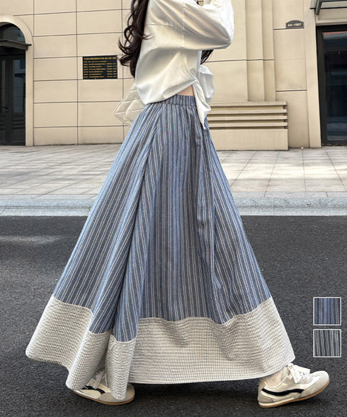 ストライプ柄ロングスカートフレアスカート ボリュームスカート Aライン レディース 配色切り替え お出かけ おしゃれスカート ゆったり体型カバーハイウエスト韓国風 89YUHAN-001