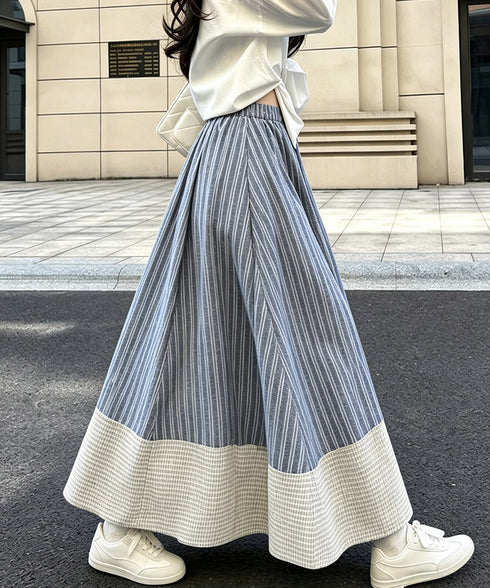 ストライプ柄ロングスカートフレアスカート ボリュームスカート Aライン レディース 配色切り替え お出かけ おしゃれスカート ゆったり体型カバーハイウエスト韓国風 89YUHAN-001