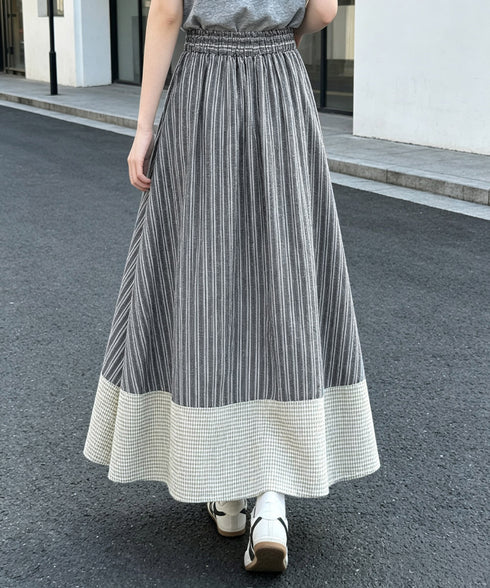 ストライプ柄ロングスカートフレアスカート ボリュームスカート Aライン レディース 配色切り替え お出かけ おしゃれスカート ゆったり体型カバーハイウエスト韓国風 89YUHAN-001