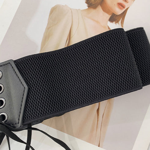 サッシュベルト レディース ゴム PU レースアップ フェイクレザー 細見え おしゃれ オールシーズン 韓国風 スナップボタン 異素材 89YUNTU-008
