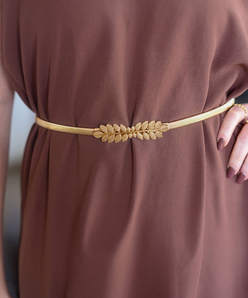 細ベルト ストレッチ ウエストチェーン ウエストベルト レディース フィット 金属製ベルト 葉っぱモチーフ ウエストマーク 細見え ゴールドチェーンベルト 上品 89YUNTU-016