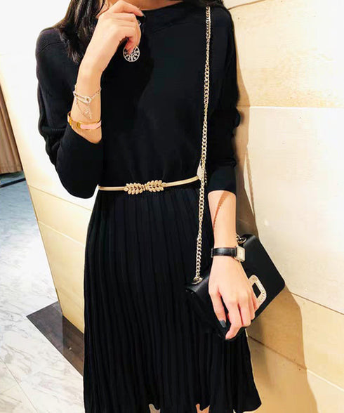 細ベルト ストレッチ ウエストチェーン ウエストベルト レディース フィット 金属製ベルト 葉っぱモチーフ ウエストマーク 細見え ゴールドチェーンベルト 上品 89YUNTU-016