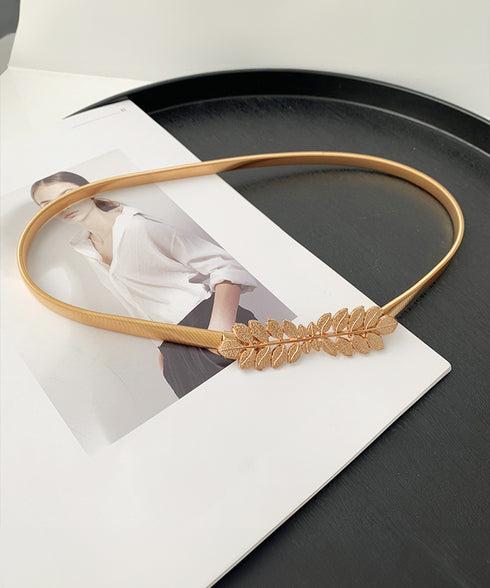 細ベルト ストレッチ ウエストチェーン ウエストベルト レディース フィット 金属製ベルト 葉っぱモチーフ ウエストマーク 細見え ゴールドチェーンベルト 上品 89YUNTU-016