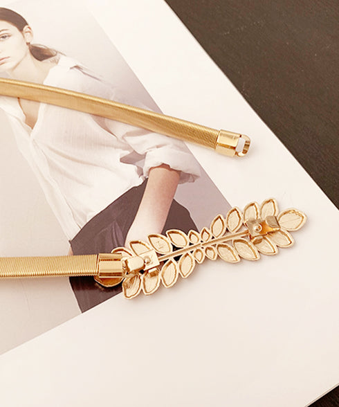 細ベルト ストレッチ ウエストチェーン ウエストベルト レディース フィット 金属製ベルト 葉っぱモチーフ ウエストマーク 細見え ゴールドチェーンベルト 上品 89YUNTU-016