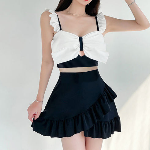 水着 レディース ビキニ2点セットプール タンキニ 韓国風 ビックリボン 体型カバー ビーチウェア リゾート セクシー フリル プール水着女子 セパレートギャザー 89ZHZG-007