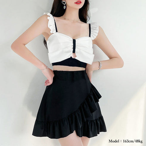 水着 レディース ビキニ2点セットプール タンキニ 韓国風 ビックリボン 体型カバー ビーチウェア リゾート セクシー フリル プール水着女子 セパレートギャザー 89ZHZG-007