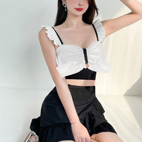 水着 レディース ビキニ2点セットプール タンキニ 韓国風 ビックリボン 体型カバー ビーチウェア リゾート セクシー フリル プール水着女子 セパレートギャザー 89ZHZG-007