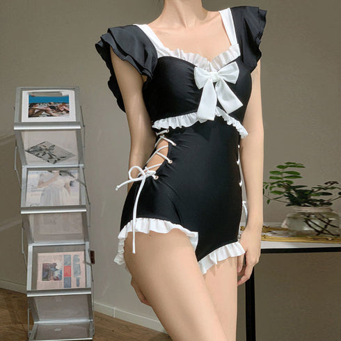 ワンピース水着 レディース モノキニ夏 フリル袖 体型カバー ハイウエスト ビキニ ビッグリボン スイムウエア セクシー 配色水着 韓国風 リゾート サマー海 89ZHZG-008