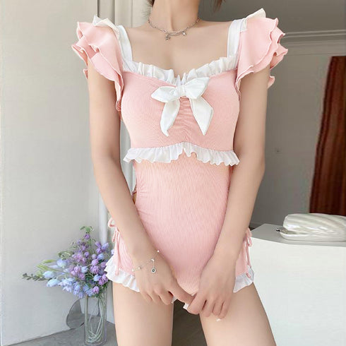 ワンピース水着 レディース モノキニ夏 フリル袖 体型カバー ハイウエスト ビキニ ビッグリボン スイムウエア セクシー 配色水着 韓国風 リゾート サマー海 89ZHZG-008