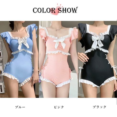 ワンピース水着 レディース モノキニ夏 フリル袖 体型カバー ハイウエスト ビキニ ビッグリボン スイムウエア セクシー 配色水着 韓国風 リゾート サマー海 89ZHZG-008