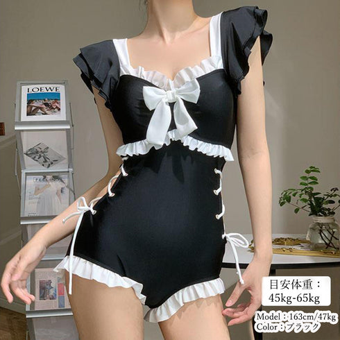 ワンピース水着 レディース モノキニ夏 フリル袖 体型カバー ハイウエスト ビキニ ビッグリボン スイムウエア セクシー 配色水着 韓国風 リゾート サマー海 89ZHZG-008