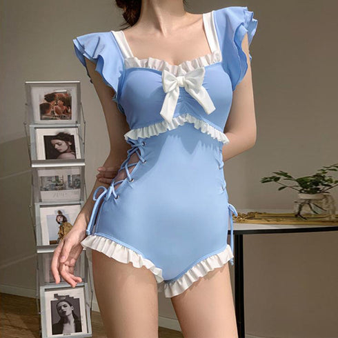 ワンピース水着 レディース モノキニ夏 フリル袖 体型カバー ハイウエスト ビキニ ビッグリボン スイムウエア セクシー 配色水着 韓国風 リゾート サマー海 89ZHZG-008