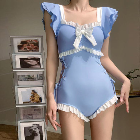ワンピース水着 レディース モノキニ夏 フリル袖 体型カバー ハイウエスト ビキニ ビッグリボン スイムウエア セクシー 配色水着 韓国風 リゾート サマー海 89ZHZG-008