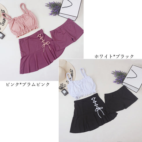 水着レディース ビキニスカート3点セット レースアップ水着 体型カバー上下セット パンツ付き フリルミニスカートセパレート水着 露出控えめハイウエストスイムウェア 89ZHZG-009