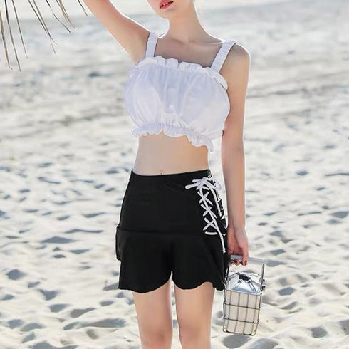 水着レディース ビキニスカート3点セット レースアップ水着 体型カバー上下セット パンツ付き フリルミニスカートセパレート水着 露出控えめハイウエストスイムウェア 89ZHZG-009