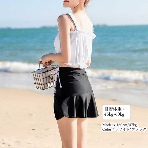 水着レディース ビキニスカート3点セット レースアップ水着 体型カバー上下セット パンツ付き フリルミニスカートセパレート水着 露出控えめハイウエストスイムウェア 89ZHZG-009