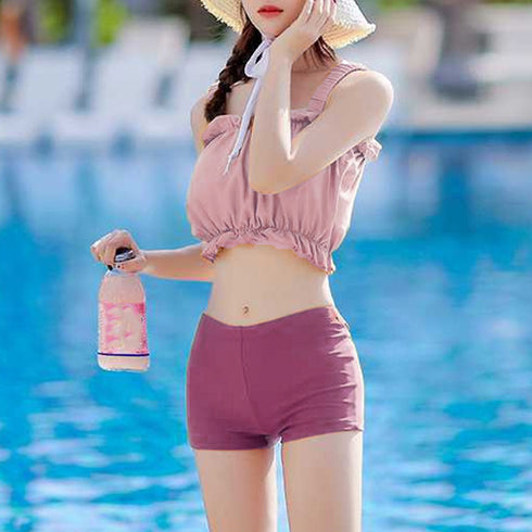 水着レディース ビキニスカート3点セット レースアップ水着 体型カバー上下セット パンツ付き フリルミニスカートセパレート水着 露出控えめハイウエストスイムウェア 89ZHZG-009