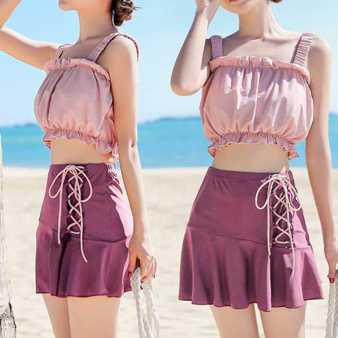 水着レディース ビキニスカート3点セット レースアップ水着 体型カバー上下セット パンツ付き フリルミニスカートセパレート水着 露出控えめハイウエストスイムウェア 89ZHZG-009