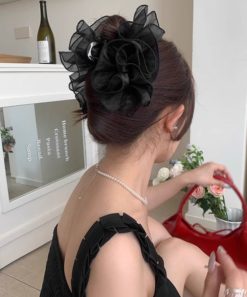 シフォンフリル ボリュームバンスクリップ 大人可愛いオーガンジーヘアクリップ 大ぶりクリップ ヘアアクセサリー まとめ髪韓国風大人可愛い春夏ヘアアレンジ結婚式ヘア 90AILK-001