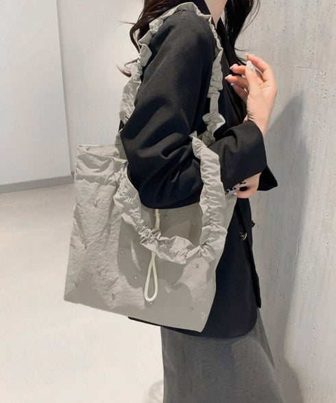 ギャザートートバッグ 巾着型トート大容量 シャーリングショルダー 巾着バッグ キラキラbag ラインストーン付きバッグ 通勤通学肩掛けバッグ オルチャン鞄 可愛い 90BAIGOU-007