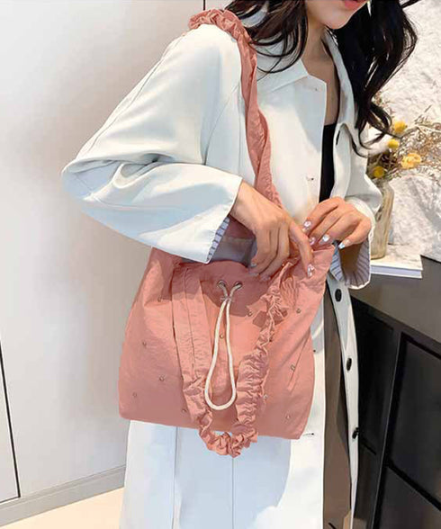 ギャザートートバッグ 巾着型トート大容量 シャーリングショルダー 巾着バッグ キラキラbag ラインストーン付きバッグ 通勤通学肩掛けバッグ オルチャン鞄 可愛い 90BAIGOU-007