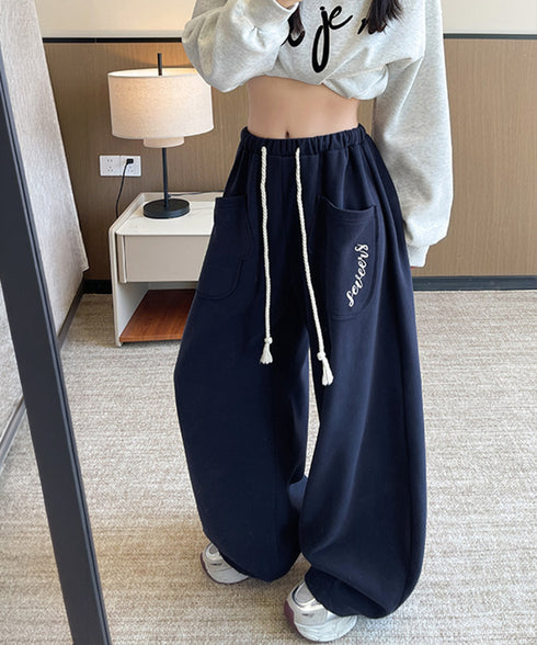 バルーンスウェットパンツレディース韓国風 ワンポイント刺しゅうロゴ イージーパンツ ハイウエストワイドパンツ 美脚脚長スポーティーパンツ 楽ちん部屋着 カジュアル 90CHATY-002