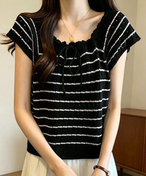 パンチングリボン半袖ニットトップス韓国風 ボーダー柄サマーニット レディース ニットソー 薄手ニットTシャツ 大人可愛い ガーリーニットプルオーバー おしゃれ夏服 90CHENXINI-012